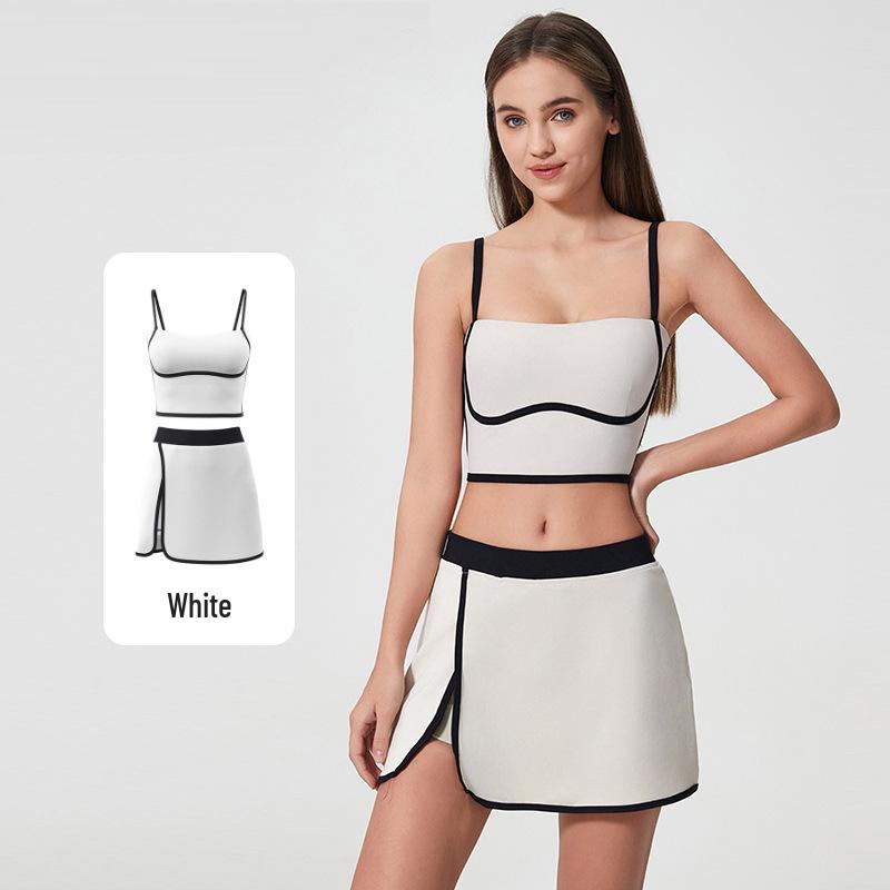 Women's Yoga Set with Built-in Bra, Shockproof Vest, Skirt, and Hip-Lifting Three-Quarter Pants