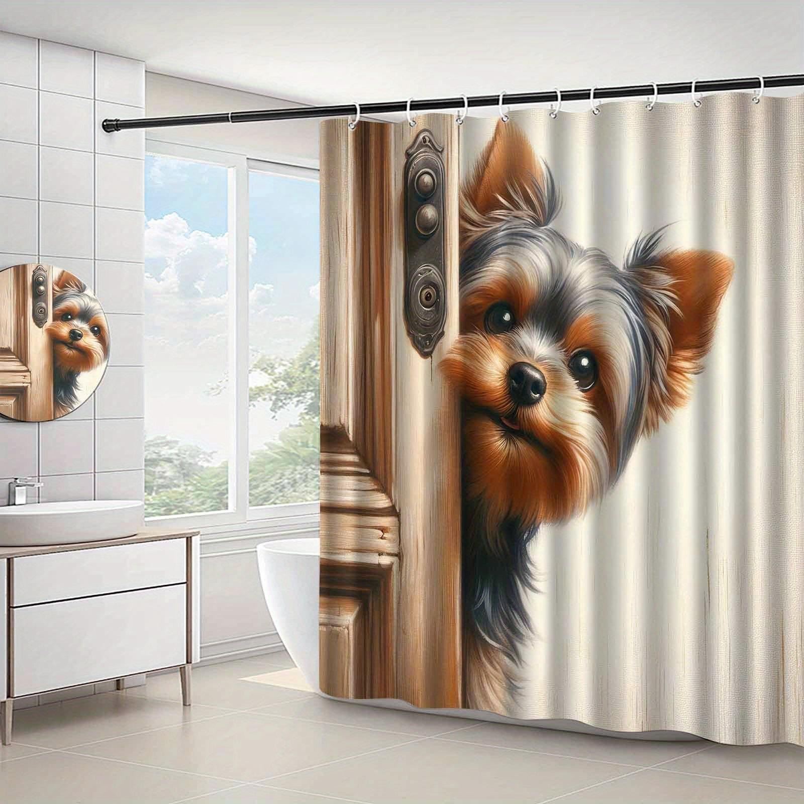 

Cute Yorkie Dog Shower Curtain Dog Peeking from Door Cartoon Art Pet Lover Decor Waterproof Fabric Bath Curtain Set Home Style 90x180CM
