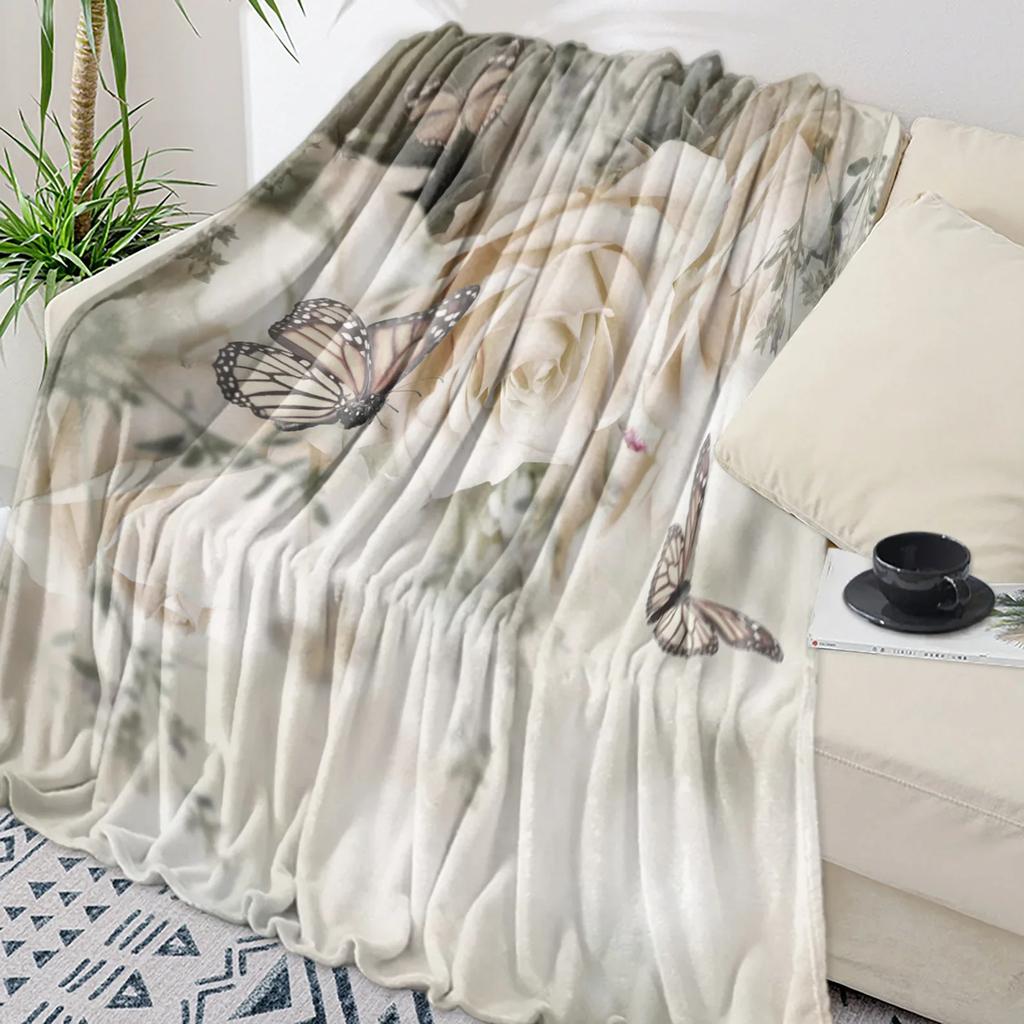 Pink Rose Bouquet White Throw Blanket Portable Warm Blanket for Beds Home Decor Sofa Blanket