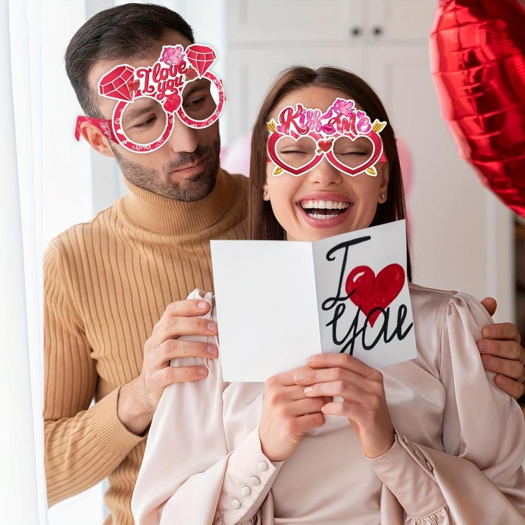 8pcs Valentine's Day Party Glasses - Charming Pink & Red Themed Photo Props with Heart, Flower, & Kiss Designs,for Celebrations