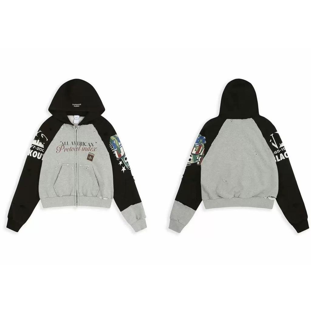 Protocol Index Talk 26ss Splicing Old Damage Printed Letter Zipper Hoodie Sweater Jacket