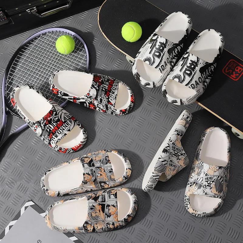 Fashion Anime Printing Slippers Men's Sandals Summer Couple Slippers Fashion Thick Bottom Anti-slip Slip-on Holidays Beach Shoes 2025