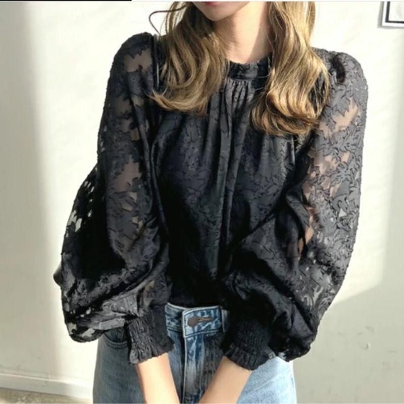 Fall Standing Collar Plus Size Loose Work Clothing Bubble Long Sleeve Chiffon Shirt Lace Tops Sun Protection Clothing Air Conditioning Shirt for Women