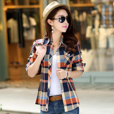 İlkbahar sonbahar kareli gömlek kadın pamuklu uzun kollu tişört üst bayanlar ekose gömlek moda yaka ince üstleri