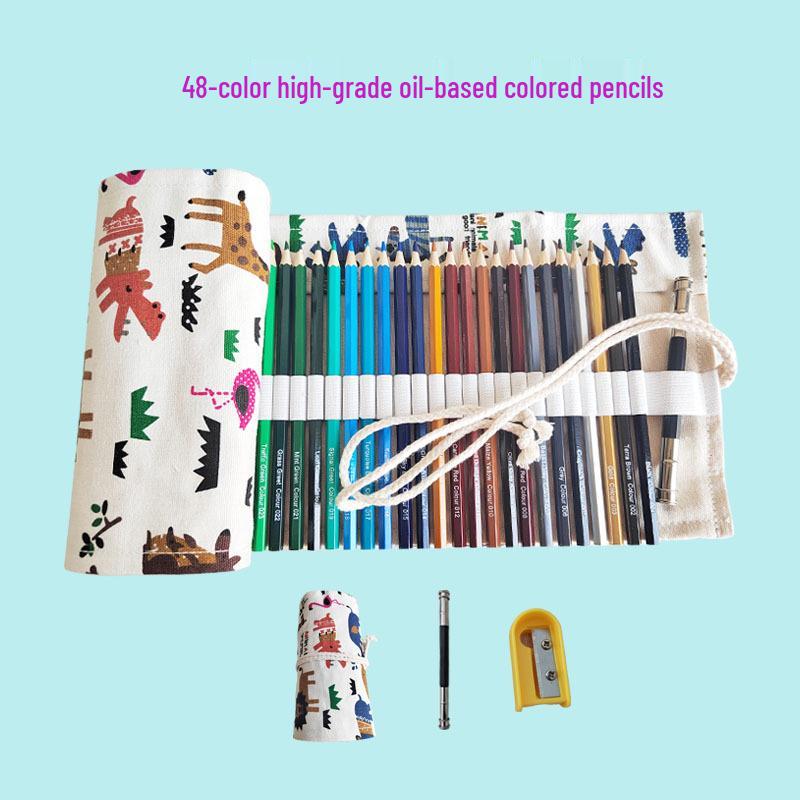 Set of 72 Hexagonal Oil-Based Water-Soluble Colored Pencils with Roll-Up Case Colored Pencils
