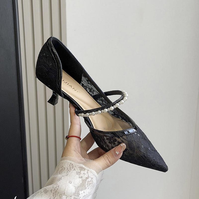 

Новые китайские сетчатые туфли-лодочки на высоком каблуке-шпильке, женские, на низком каблуке, с жемчужной цепочкой, ремешком на одно слово, одинарные туфли, сандалии 39 чёрный