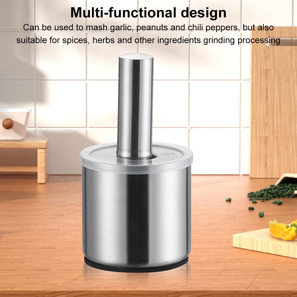304 Stainless Steel Manual Garlic Pounder Anti-Slip Multifunction Pill Crusher Rust Proof Mortar and Pestle Set for Home Kitchen