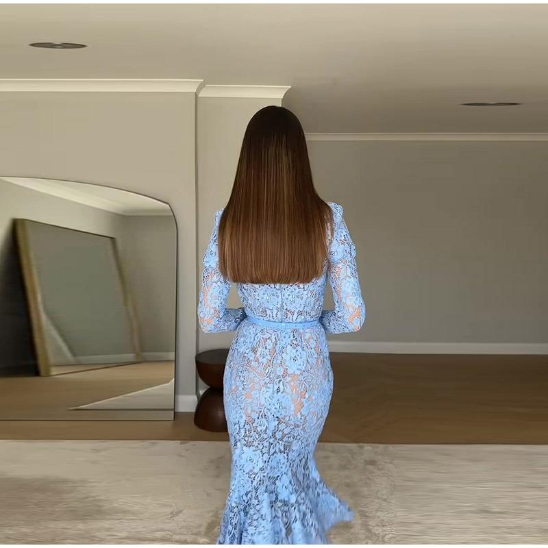 Ladies' Perspective Lace Hollow Belt Long Sleeve Fishtail Dress Solid Color Lace Decorative Elegance Ladies' Long Sleeve Dress Spring Autumn New Style