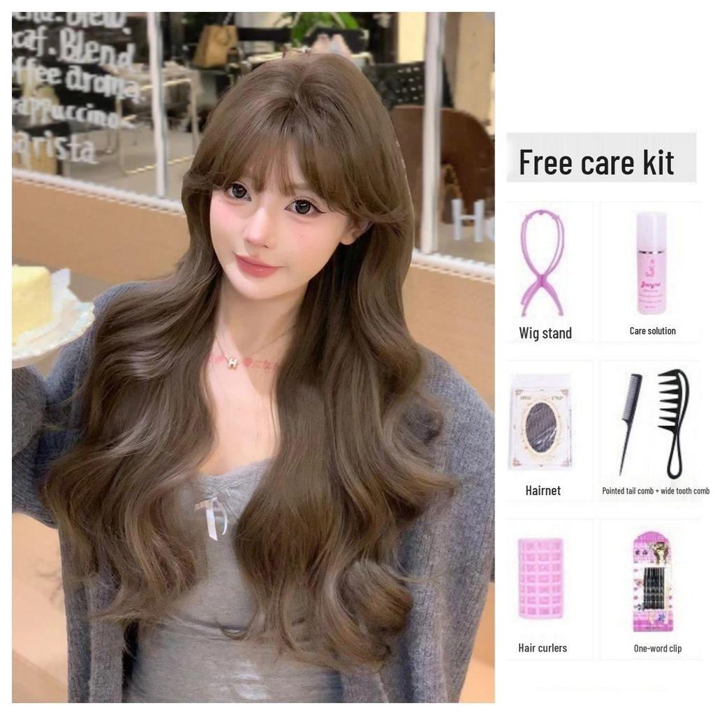 Net Sensation Tea Tea Wig: Brightening Milk Tea Gray-Brown, Korean Style with Big Waves, Elegant Face-Slimming, Realistic Full Head for Women