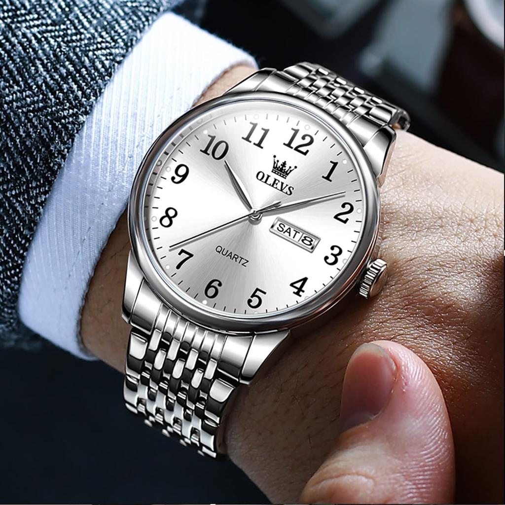 OLEVS Popular Waterproof Analog Metal Band Stainless Steel Day of the Quartz Silver Large Gift Men's Watch, Fashion, Watch, Men's Watch, Watch, Men's