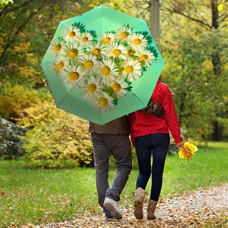 1pc Daisy Heart Automatic Folding Umbrella, Heavy Duty 8 Rib Iron Frame,  Suitable for Travel, Daily Use, Birthday, Decor Gift  52