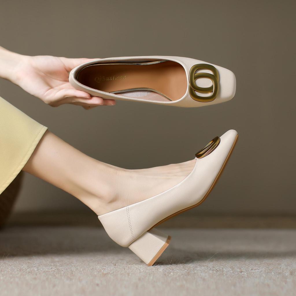 Scarpe in Pelle con Tacco Chunky e Punta Quadrata - Versatile Tacco Medio per Lavoro e Moda