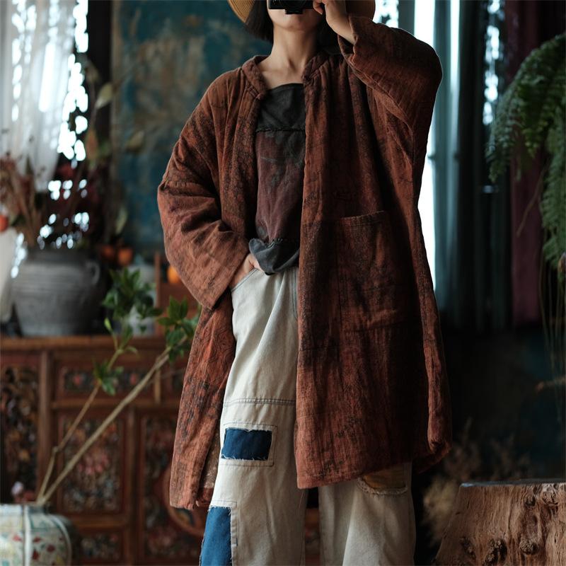 Johnature Paltoane vintage pentru femei cu imprimeu din in stil chinezesc de primăvară cu mâneci întregi largi retro, cu gâtul în formă de bumbac, parkas calde