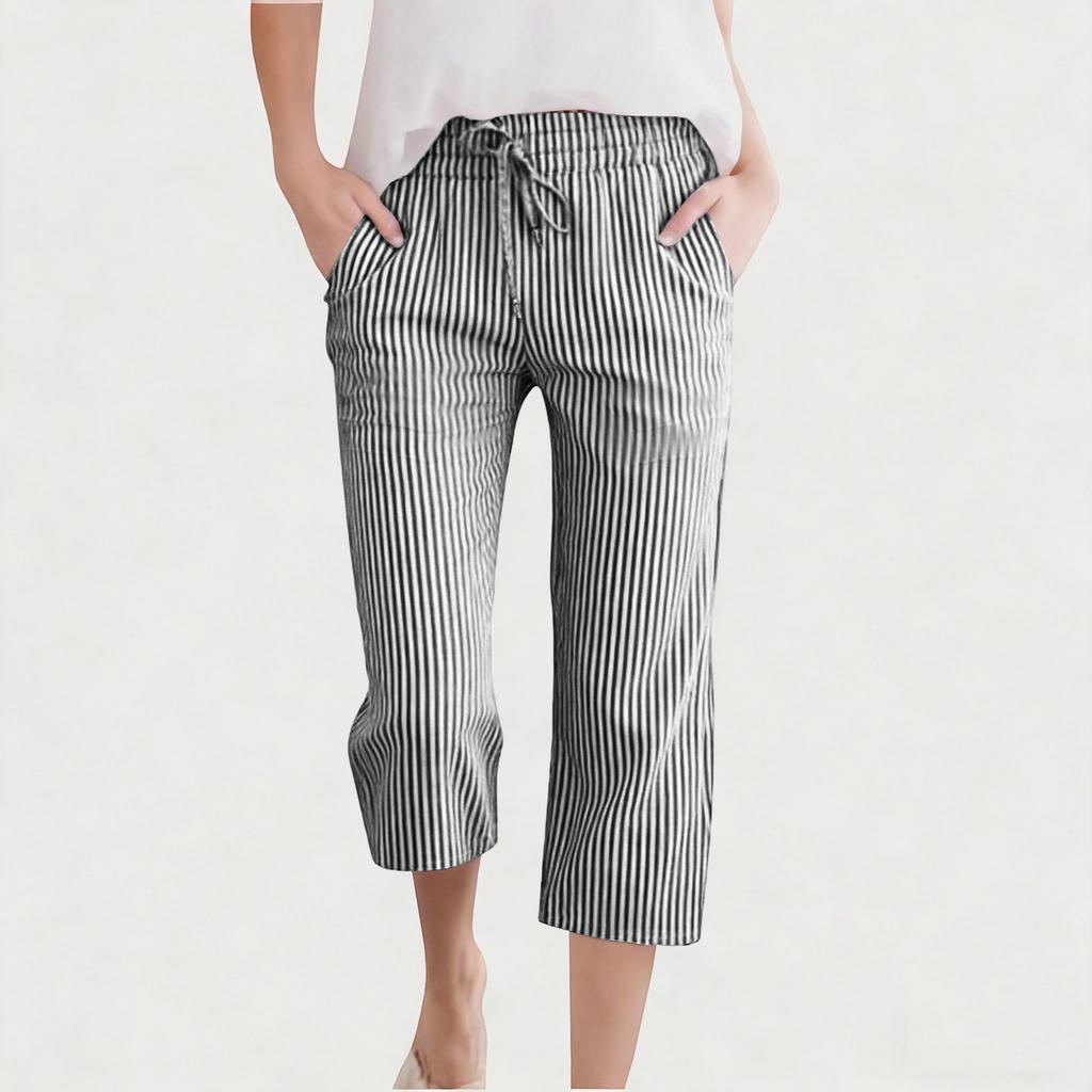 Children's Fashionable Cute Striped Elastic Waist Pocket Casual Girls' Cropped Pants
