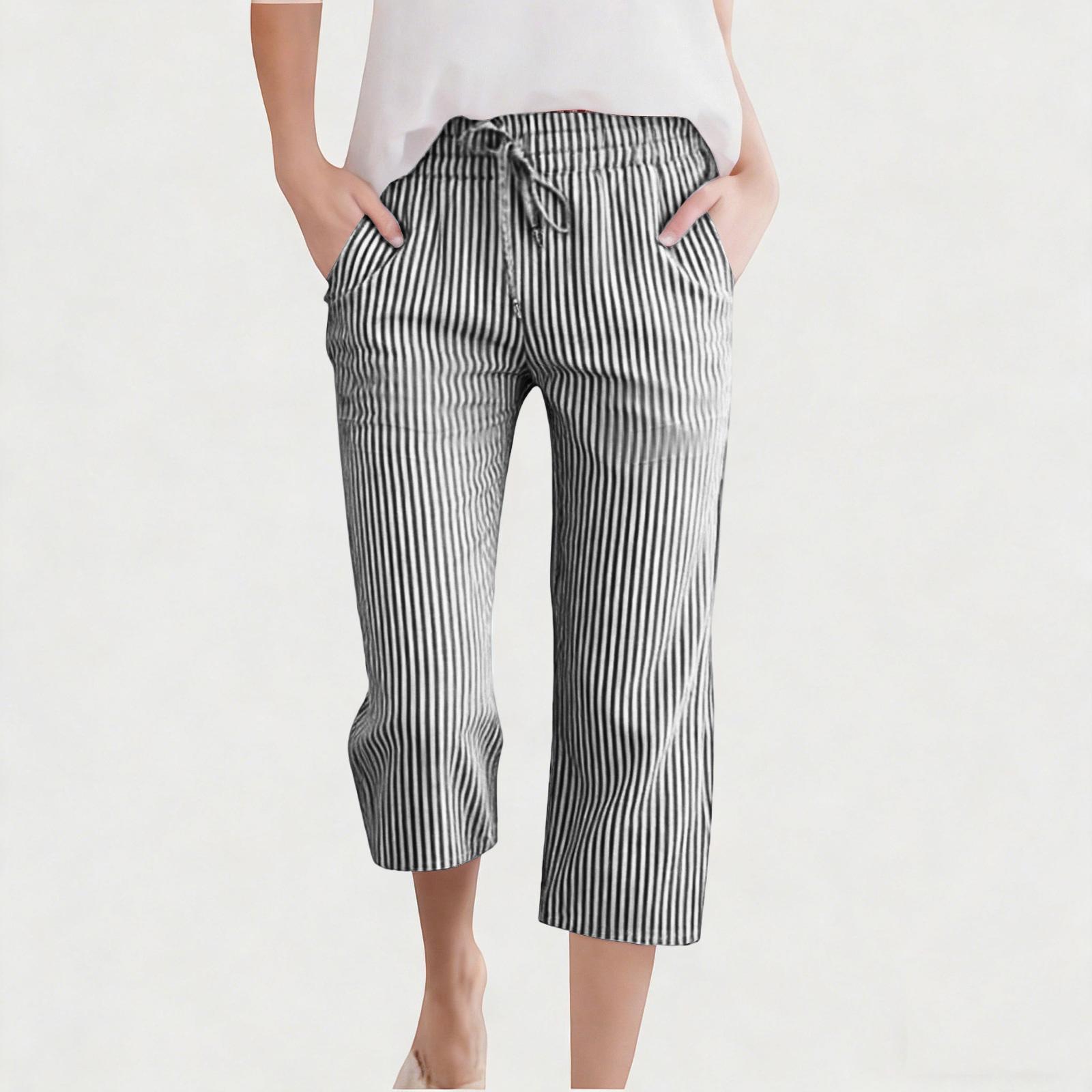 Children s Fashionable Cute Striped Elastic Waist Pocket Casual Girls  Cropped Pants 110 чёрный