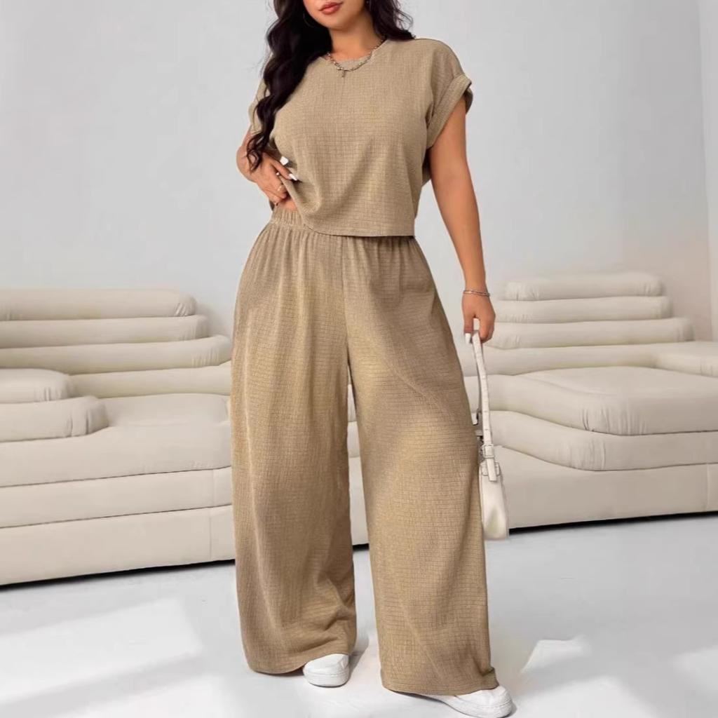 Europe and America Cross-border 2026 Summer New Plus Size Women's Fashion Casual Set Short-Sleeve Top Wide-Leg Pants Two-Piece Set