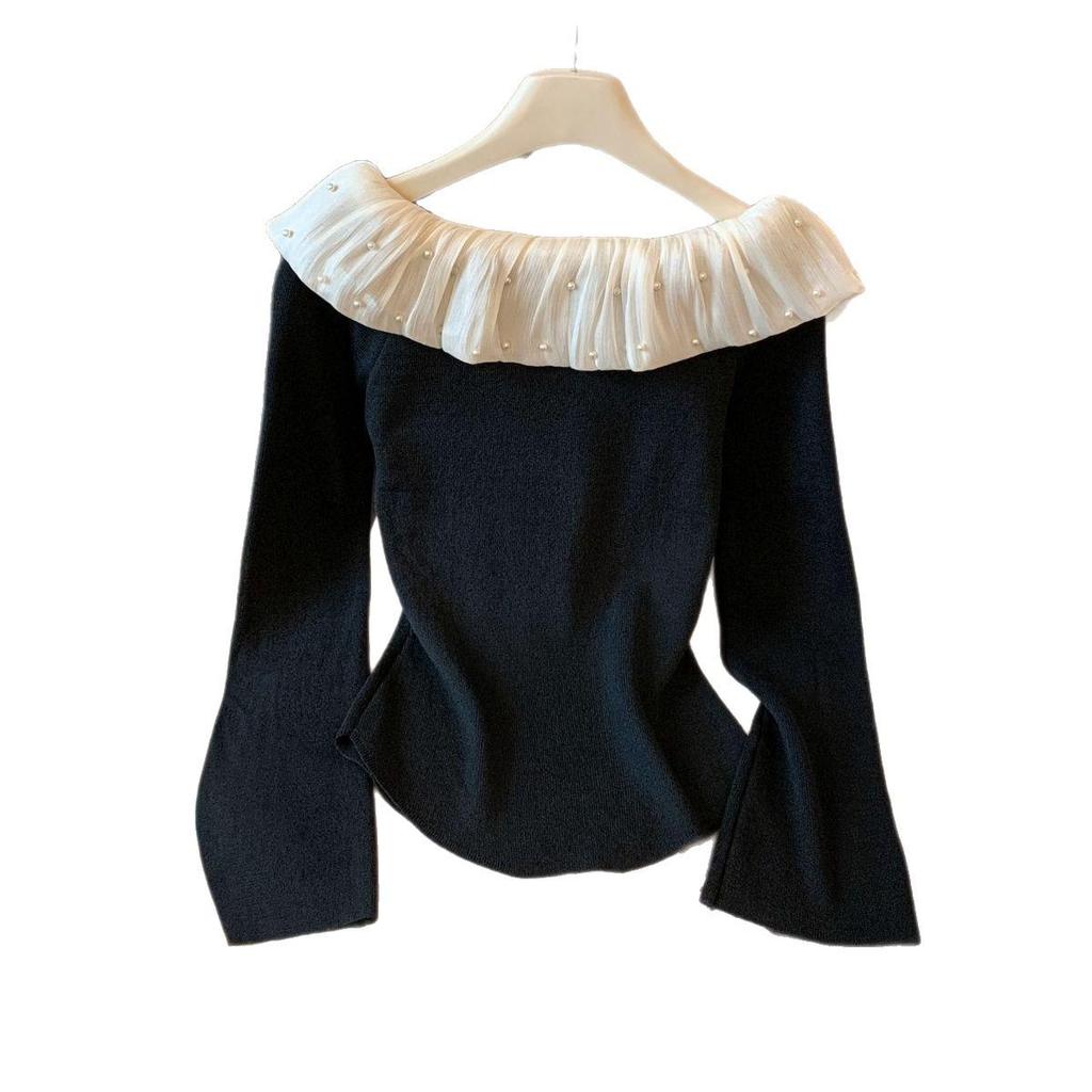 Women's Beaded Lace Patchwork One-Shoulder Plush Knit Top - New Autumn/Winter Design