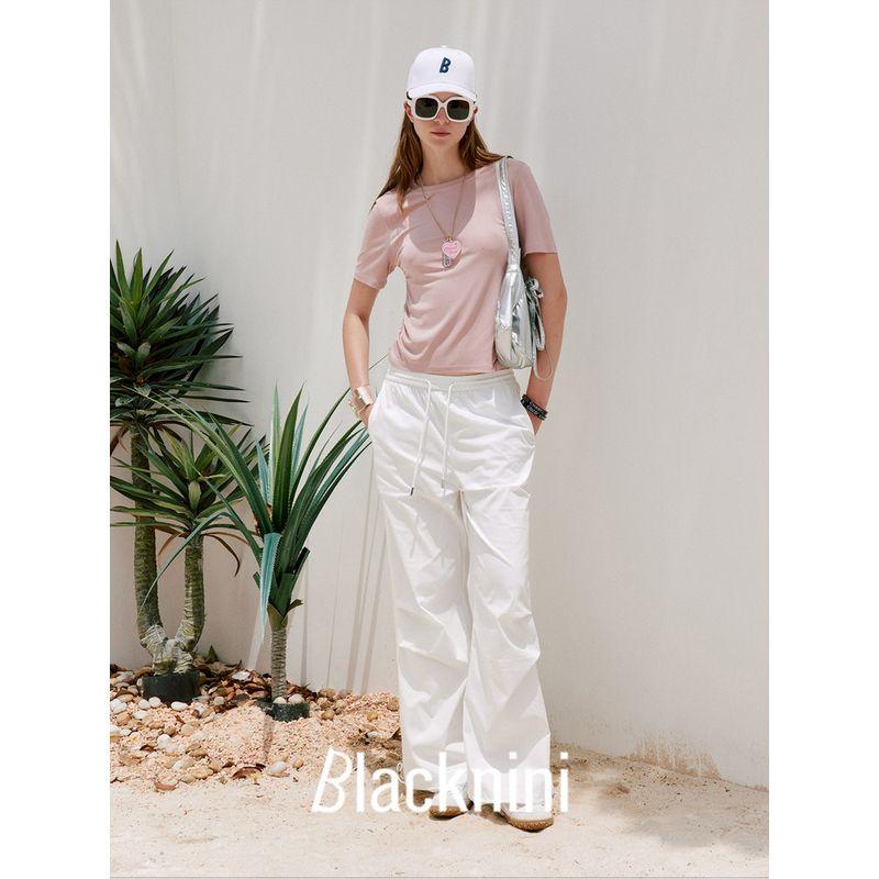 Blacknini (Three Colors) "Smooth T" High Density Mulberry Silk Smooth Elastic Waist-Tightening Short Sleeve T-shirt Top