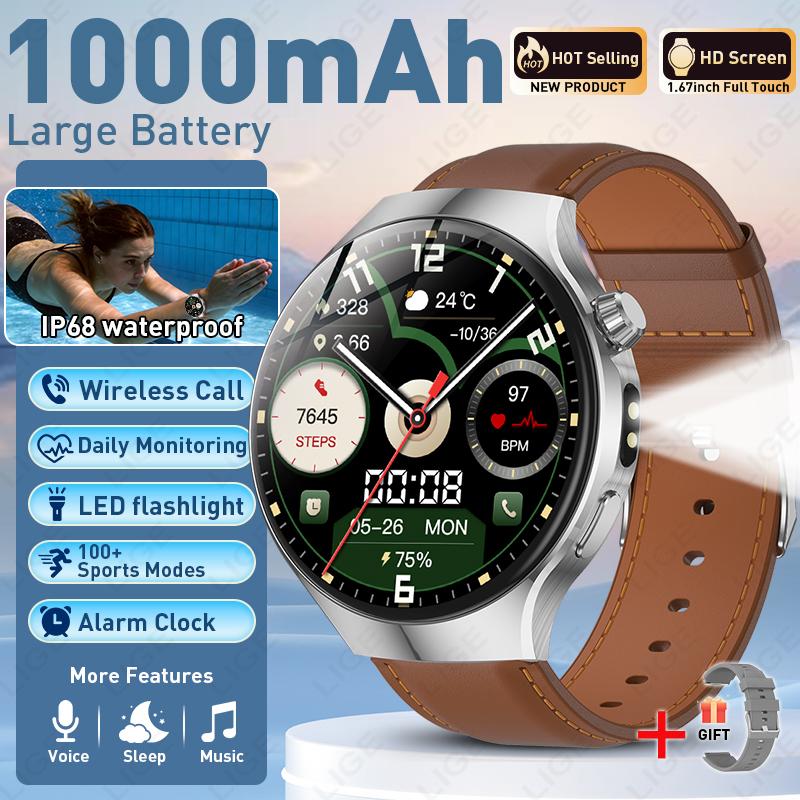 2026 New Military 1000mAh Battery Men's Smart Watch For Men Health Monitoring Bluetooth Call 100+ Sports Mode Flashlight Sport Fitness Smartwatch