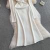 Autumn Winter Women Elegant V-neck Pearl Button Knitted Sweater White Office Work Slim Bodycon Sheath Dresses