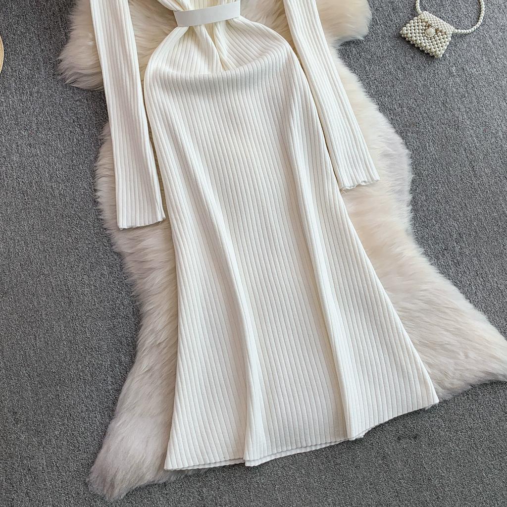 Autumn Winter Women Elegant V-neck Pearl Button Knitted Sweater White Office Work Slim Bodycon Sheath Dresses