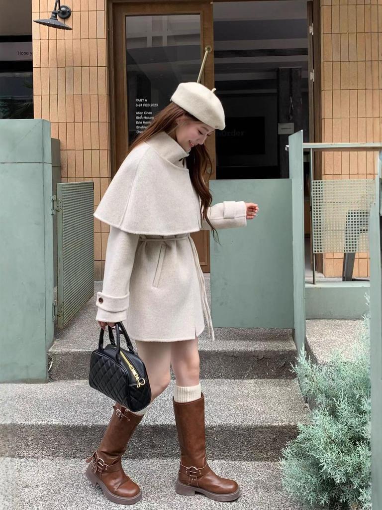 25 New French High-End Women's Wool Coat - Mid-Length Cape Shawl, Slim Fit Overcoat for Autumn and Winter