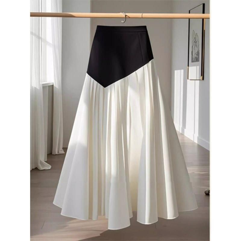Lightweight Cotton Blend Aline Skirt With Color Blocking For Urban Office Wear
