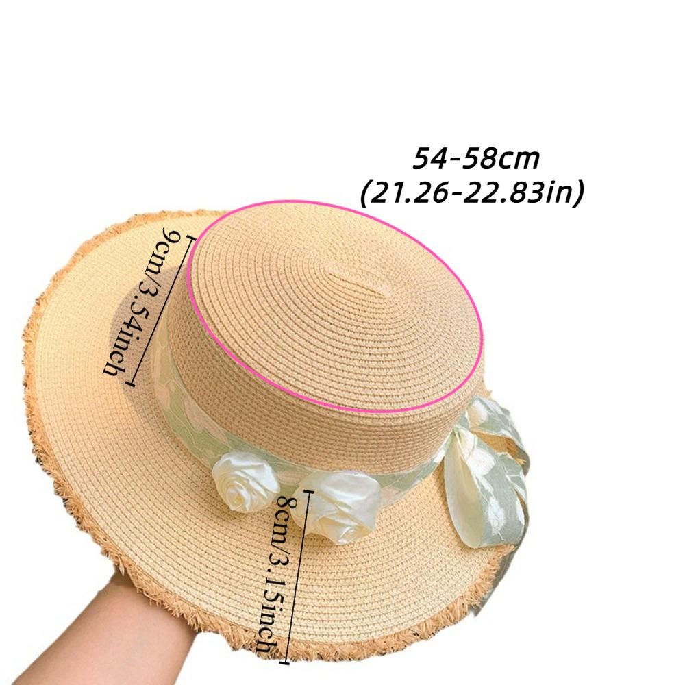 Simple French Style Lace Floral Brim Cap Wide Brim Flat Top Straw Woven Hat Sweet Lolita Sunscreen Hat Travel
