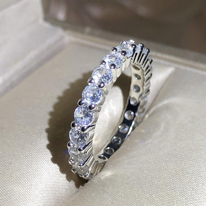 New Fashion Single Row Full Diamond Claw Set Ring Women 925 Stamp Bling Bling Round Zirconia Party Wedding Jewelry Gift