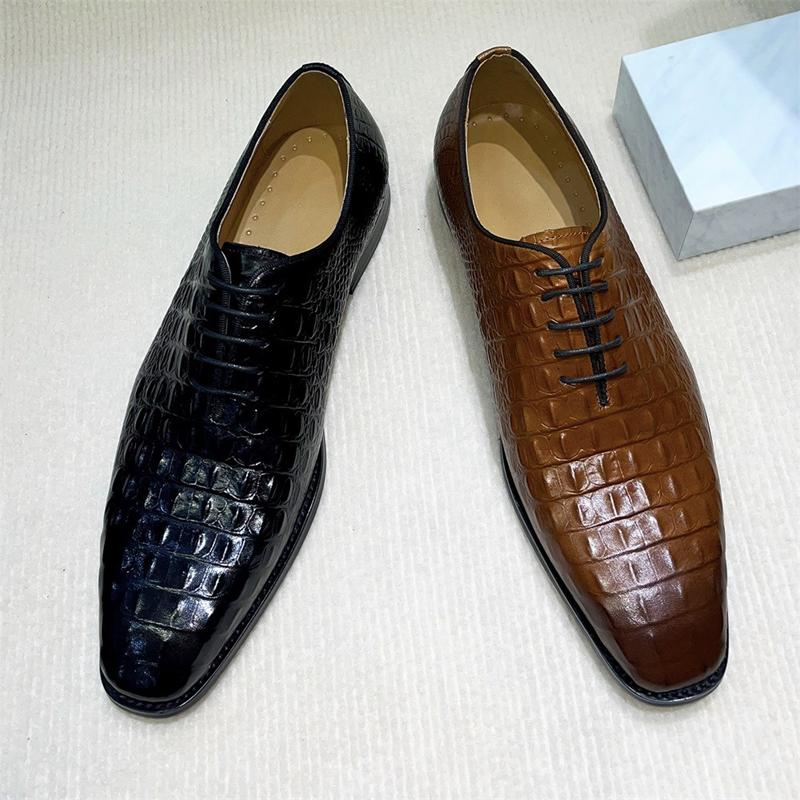 Fashion Men's Genuine Leather Oxford Shoes Crocodile Pattern Fashionable Casual Business Shoes Comfortable Breathable Slip-On Dress Shoe