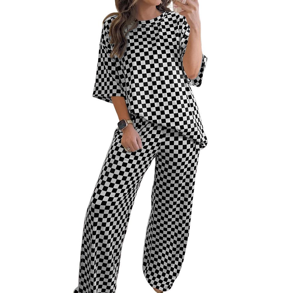 Women's Autumn Plaid Chessboard Two-Piece Set with Loose Slimming Five-Point Sleeve Top and Straight-Leg Pants