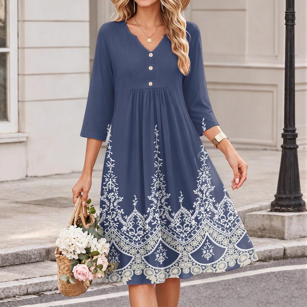 Women's Casual Floral Print V-Neck Three-Quarter Sleeve Dress