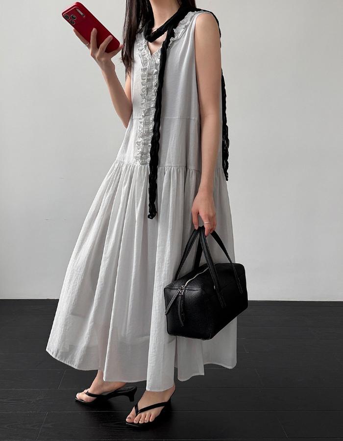 Johnature French Clear Fungus Edge A-line Korean Casual Loose Dresses Women Summer Sweet V-neck Sleeveless Dress