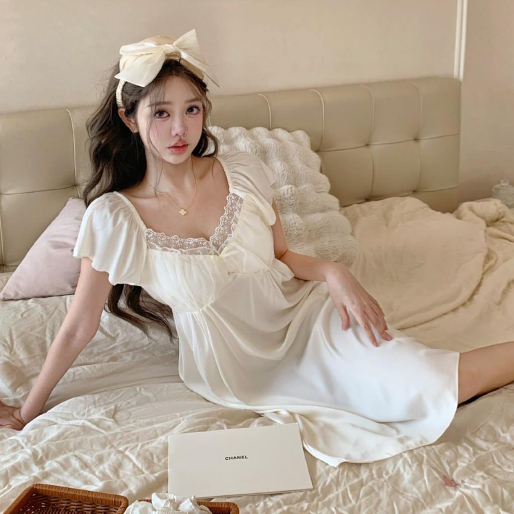 Palace Style Mesh Nightdress For Women With Builtin Bra Summer Short Sleeve Home Wear