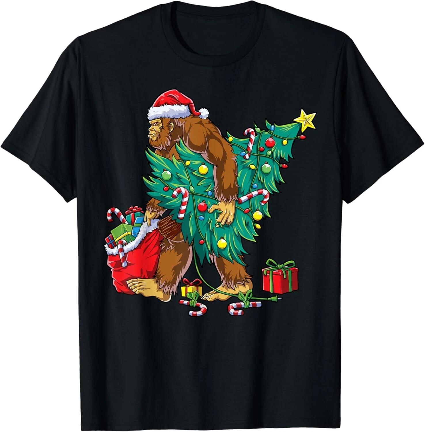 Bigfoot Christmas Tree Lights Xmas Boys Men Sasquatch Lovers Gift Unisex T-Shirt M