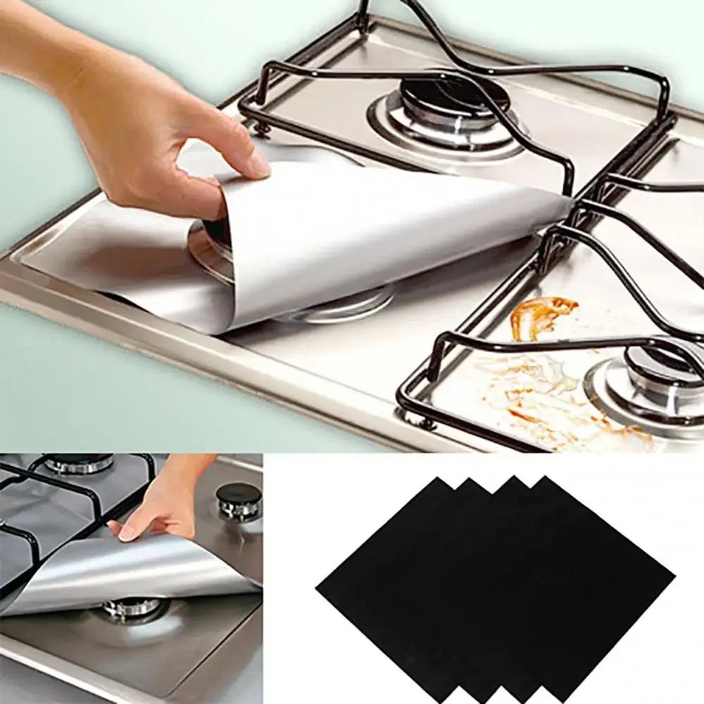 Square Reusable Protector 4 Pcs Foil Gas Hob Liner Easy Clean Pad