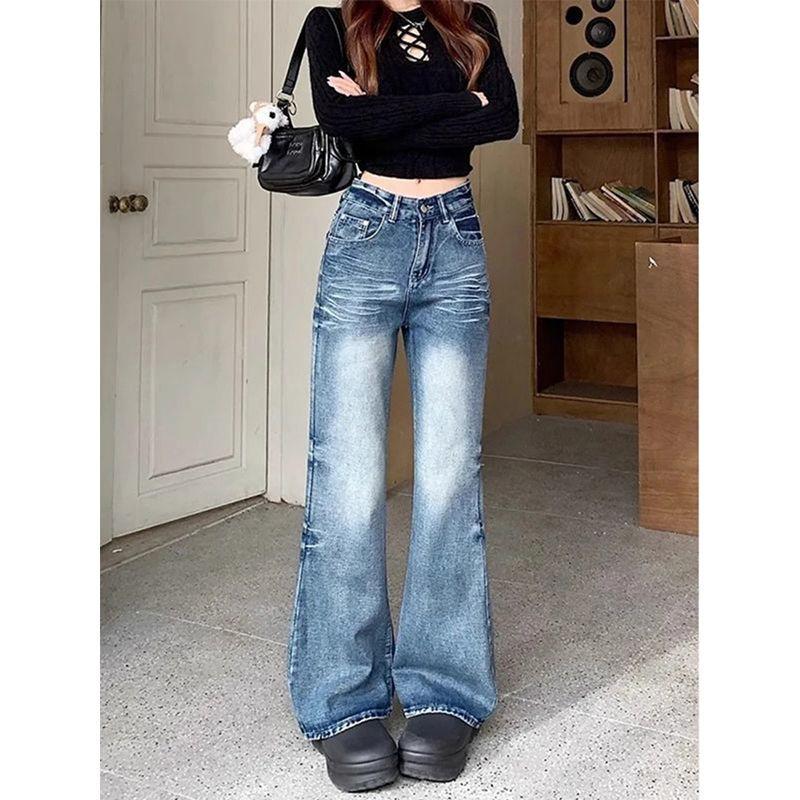 Womens High Waist Vintage Wash Flare Jeans Y2K Low Rise Bootcut Denim Trousers Streetwear