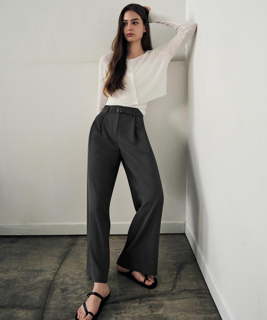 Laneonkyulleoseu Belted Double-Pleat Wide Slacks_Charcoal
