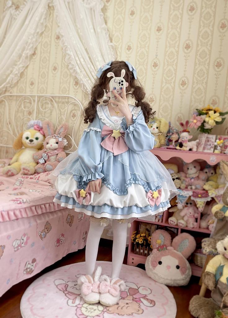 XHSUKADO Lolita Long Star Sailor Cat Claw Bunny Light Size M Women's Dress, Sleeves, Spring, Summer, Fall, Dreamy, Cute, Ribbon, Pattern, Collar,
