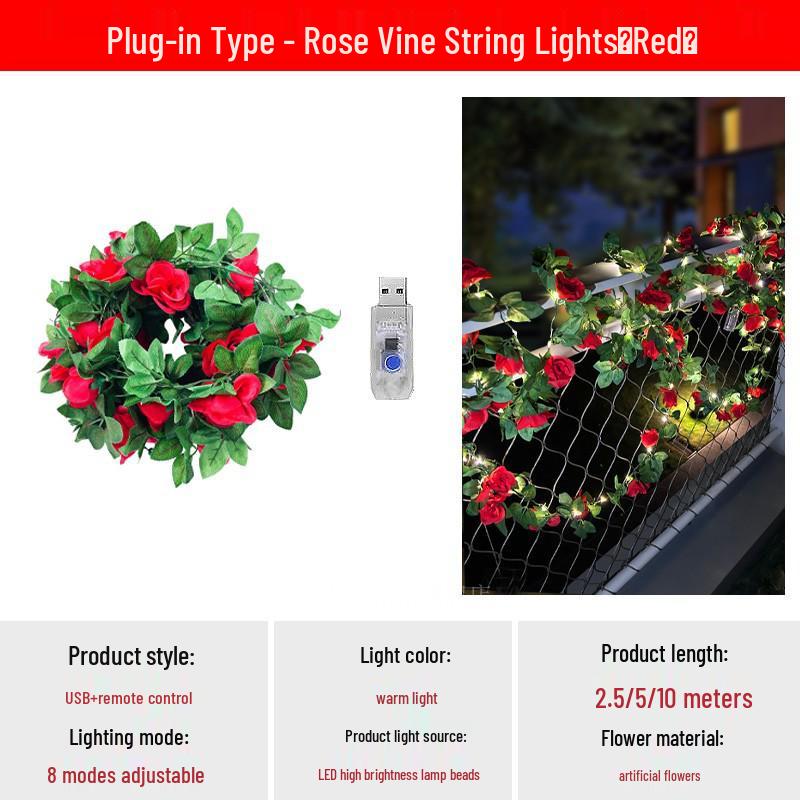 Solar Rose String Lights: Outdoor & Indoor Decorative Flower Vine for Patios, Balconies, Railings, and Ambiance