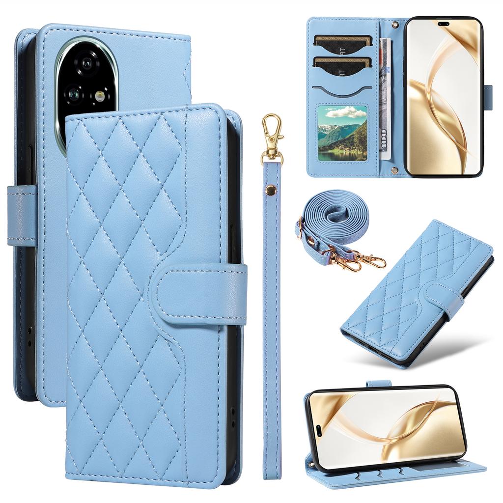 For Honor 200 Pro 5G Case Wallet Rhombus Leather Phone Cover with Shoulder Strap,Wrist Strap