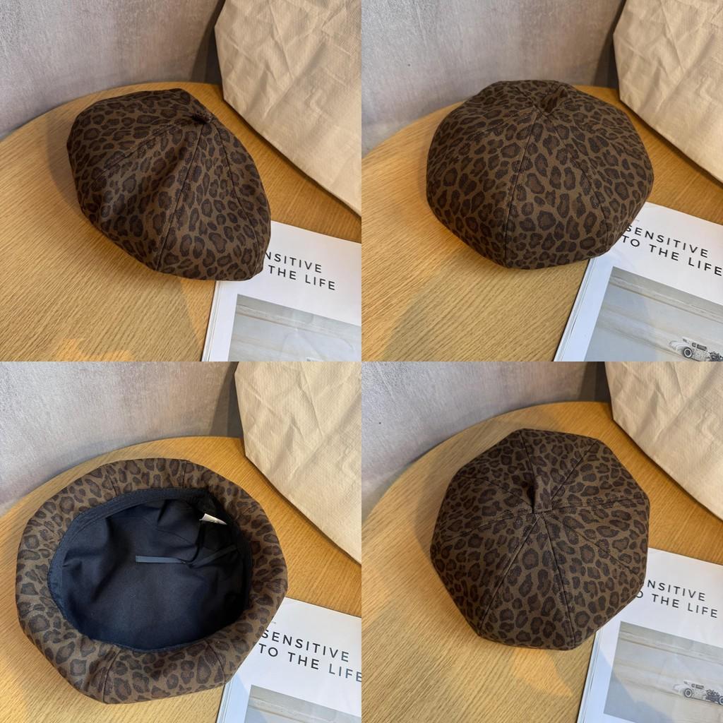 Leopard Print Beret For Women Vintage Fashion Warm Soft Leather Fall Accessory