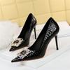 Women Elegant High Heel Stiletto Pumps Pointed Toe Black White Bling Metal Rhinestone Buckle Wedding Event Single Shoes