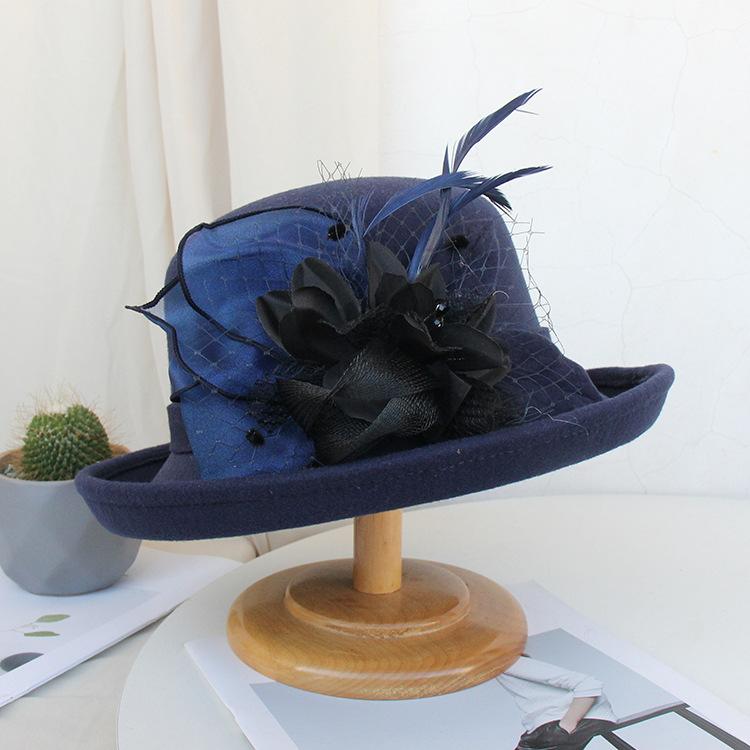 Autumn And Winter Curled Feather Flower Woolen Top Hat Women'S British Retro Casual Bucket Hat Mesh Basin Hat Tide