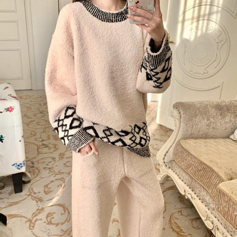 Retro rhombus jacquard half fleece winter new fleece thickened lazy sweater set large size loungewear