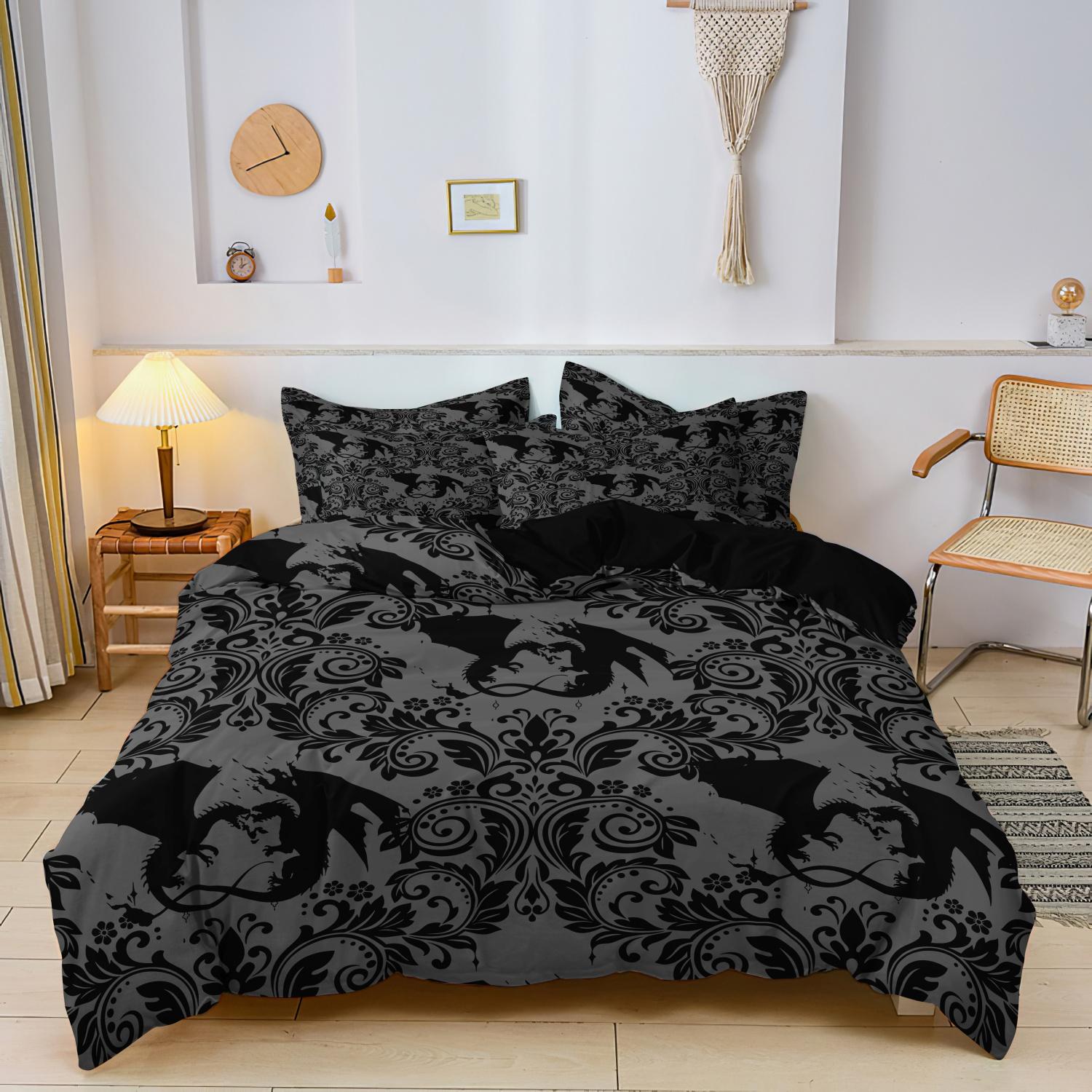 Ensemble de housse de couette imprimé Dragon Volant Gothique et Fleurs, Literie Imprimée Ornement Dragon Médiéval Silhouette Gris Noir 135x200cm(53x79inch)&set