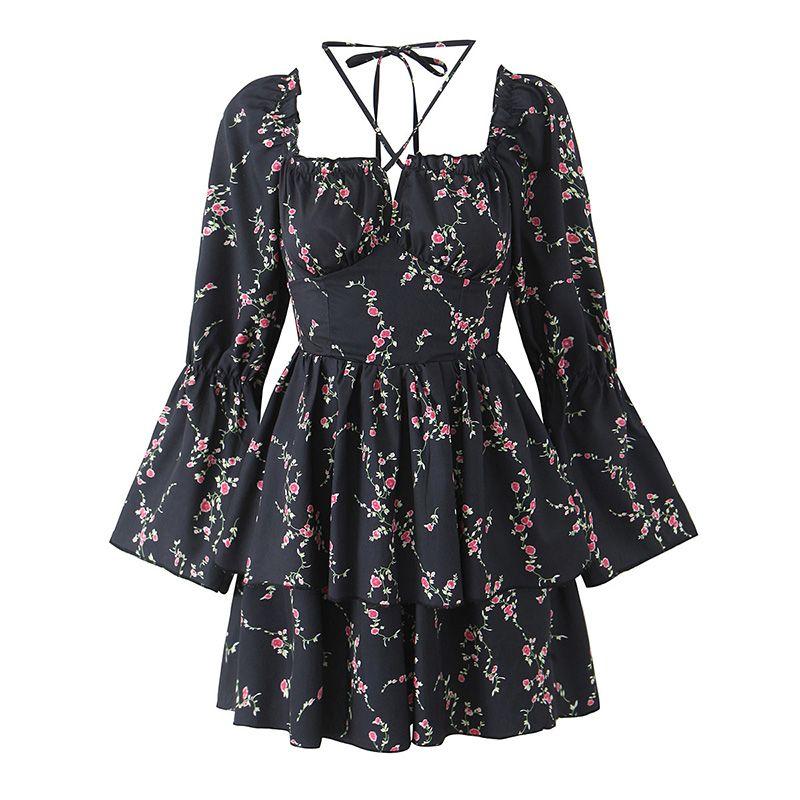 

Fantasy Girl French style Fairy Gentle Atmosphere Floral Square Collar Lace-up Bell Sleeve Waist Hugging Cake Dress Black Floral L