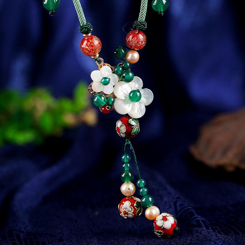 Chinese style retro short collarbone chain freshwater pearl agate glazed classical pendant simple temperament necklace women