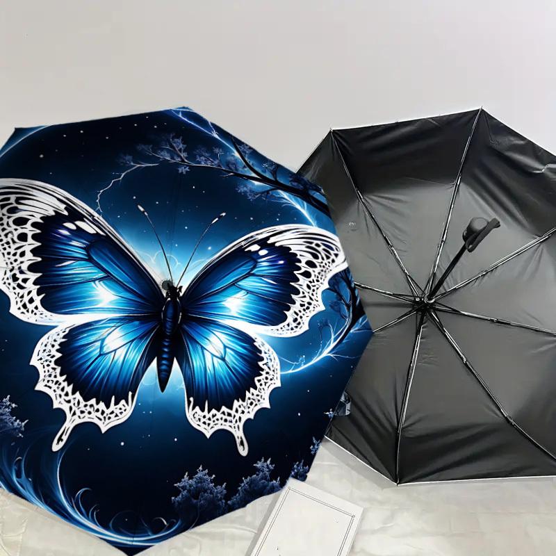 1 Stück Schmetterling Nacht Automatisches Öffnungs-/Schließschirm mit Winddichtigkeit, stabiles Dach mit 8 Speichen, langlebige Speichen, modisches Design, Outdoor-Accessoire, lustiger Prin