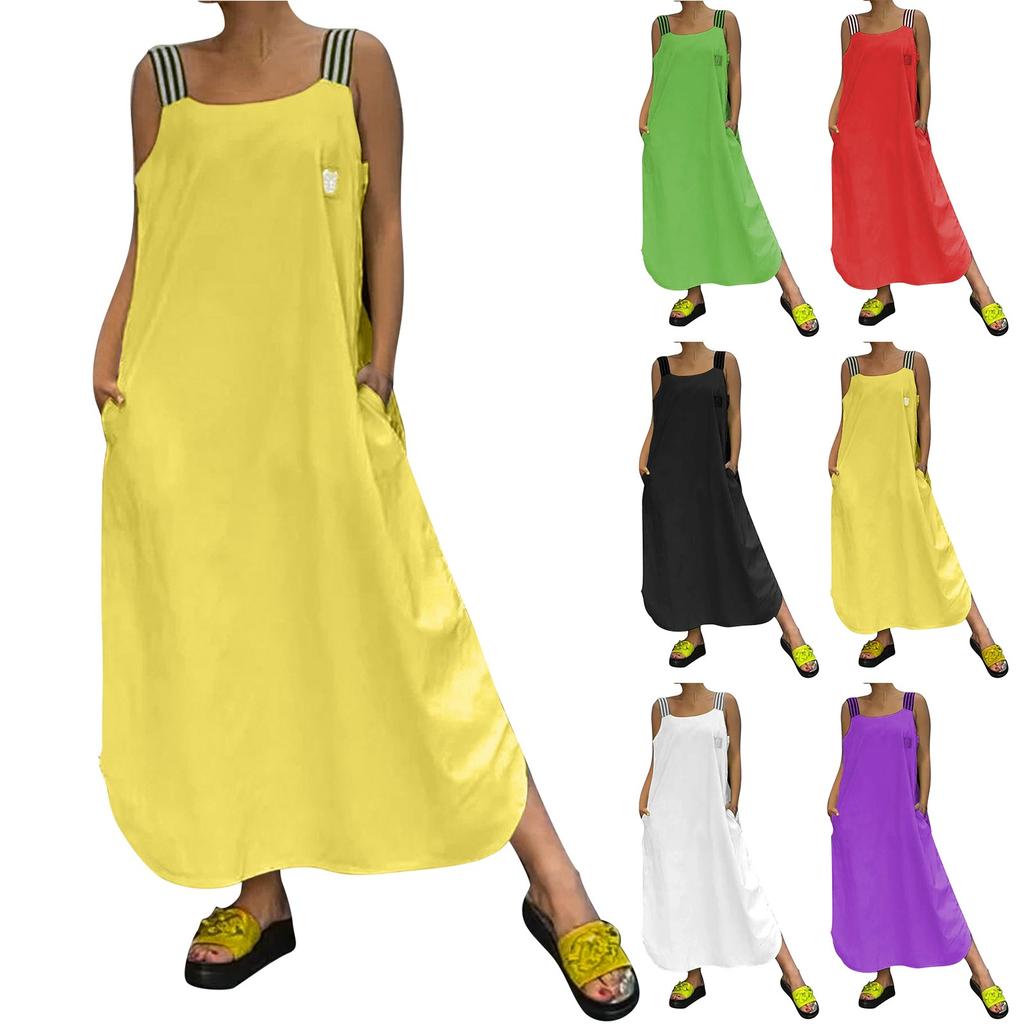 Women's Dresses Intercolor Striped Back Sleeveless Pockets Loose Casual Dresses